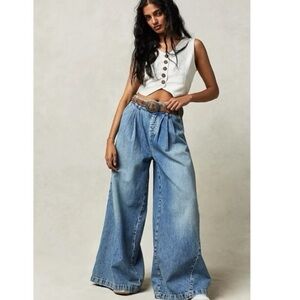 Free People Equinox Denim Trousers Lake Life Blue 29 Wide Leg Jeans Slouchy
